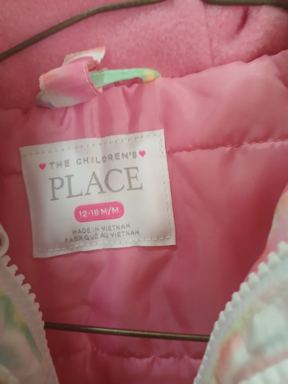 The Children's Place Pink Tie-Dye Hooded Puffer Jacket Double Zip Size 12_18 Mon
